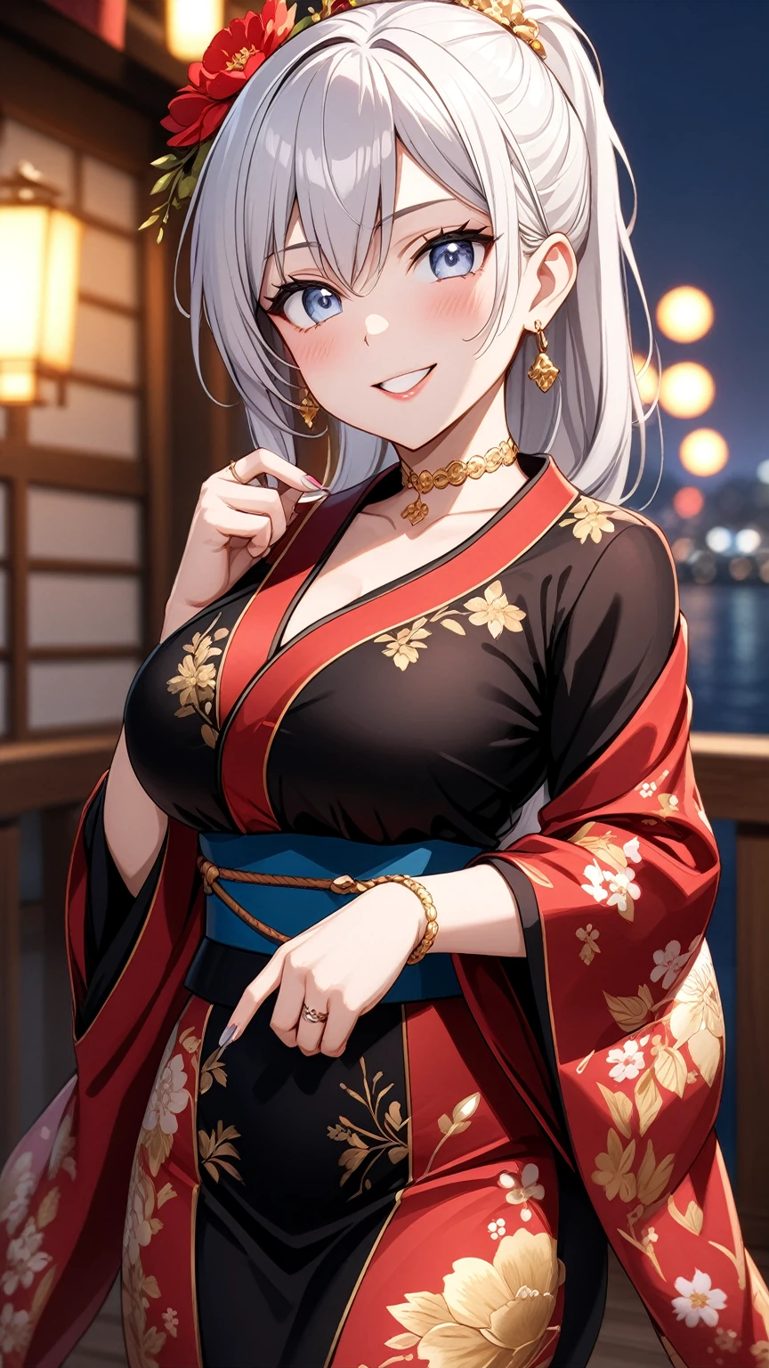 ((One personの女性)), Beautiful Face, (Laughing embarrassedly), (smirk:1.4), ((Wink:1.8)), (head tilt:1.3), Laugh with your mouth wide open, upper teeth, looking at viewer, (Doing sexy poses), ((Bright red cheeks:1.4)), Glossy Red Lips, night,Terrace with sea view, firework, Glossy red lips, Shining Face, ((Anime style background)),masterpiece, Highest quality, so beautiful,up to date, Complex details, (Pink long nails), (nail art), (ring),(bracelet),(Floral choker),AI-generated, Complex,High resolution, Highest quality, super high quality,3D Images、3D Images,One person,Long white hair,High Ponytail, Anime woman posing for a photo, (blue eyes:1.2), ((Fine grain、Light silvery white eyes、Shining Eyes:1.3)), (Squint your eyes:1.1),a hyperRealistic , hyperRealistic , Realistic,Anime woman with long white hair, Smooth anime CG art, (A woman in a colorful kimono with gold embroidery), (Black long sleeve kimono),Red floral pattern,Long flower hair ornament,Earrings,Mature Body,(Big Breasts:1.1),Tall,Abdominal muscles,Tight waist, (face focus:1.1), (dutch angle:1.3),