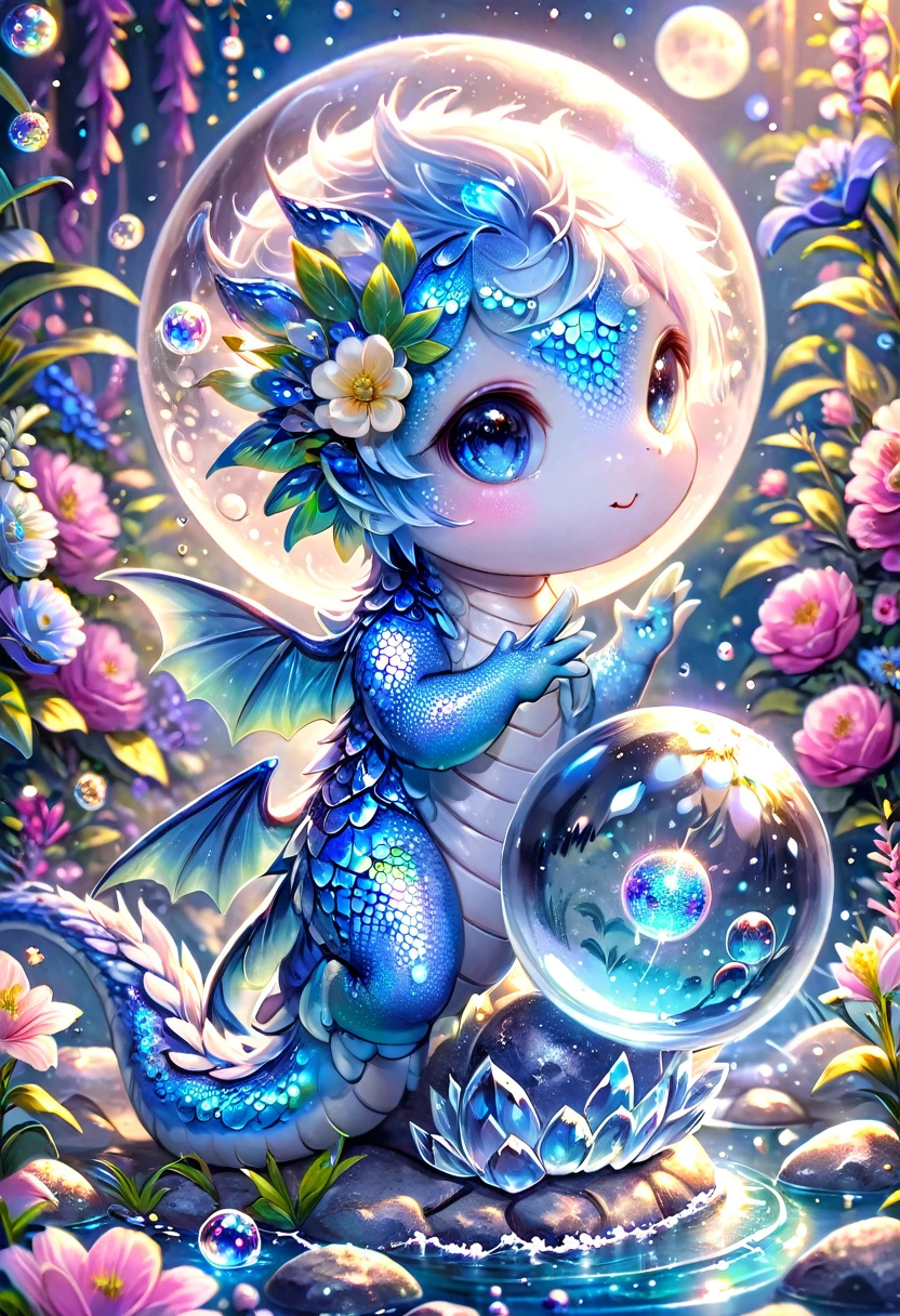 absurdres, highres, ultra detailed, HDR, master piece, light blue dragon, cute, best quality, blue moon, flowers, fantasy, magical, solo, water, blue shining fireflies, blue petals, fe cristal sphere, magic, small dragon, glittering, holding a sphere