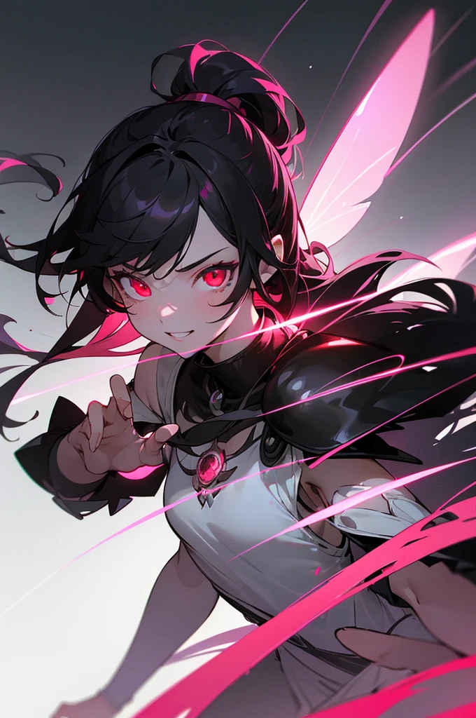 1girl, fairy girl, small, fairy wings, ((glowing pink fairy wings)), (fairy wings), Black hair color, ponytail hairstyles, short ponytail, red eye color, wearing leather armor, silver shoulder pads, black clothes,(glowing eyes), high resolution, extremely detailed CG unity 8k wallpaper, ((masterpiece)), ((top-quality)), (beautiful illustration), ((an extremely delicate and beautiful)), (masterpiece, Best quality, ultra high resolution), 1 girl, pale skin, Black Crown, red eyes, Luminous_eyes, neon red eyes, ultra detailed eyes, Beautiful and detailed face, detailed eyes, (Centered, torso), (wide shot:0.9), facing the viewer, Eye level, (floating hair), character focus, ((black light)), ((dark lighting)), cinematic lighting ,(darkness), (concept art), ((energetic face)), wide open smile, waving excitedly, dark black hair, ((red eyes))
