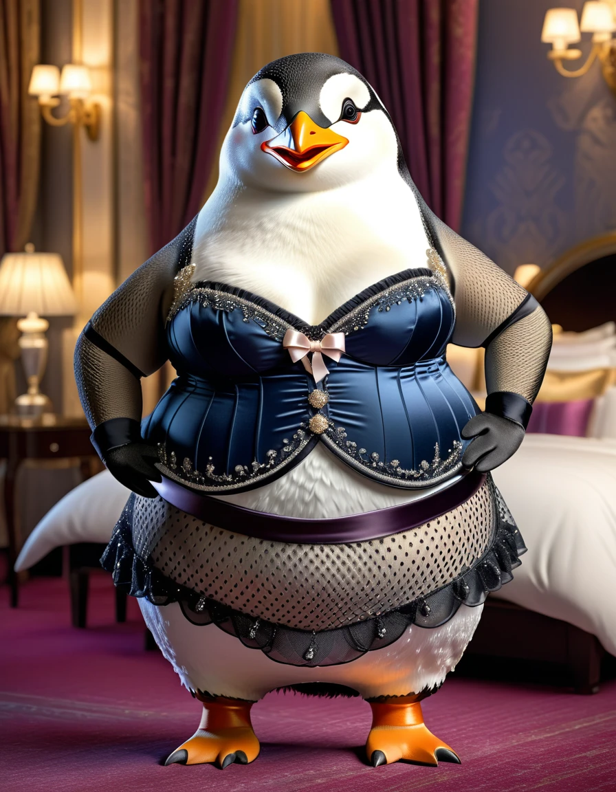photorealistic portrait of Dressed animals-a ((fat)) cute ((penguin)) dancer,(), (elegant pose:1.5), (hands on hips:1.5),(smile:1.5),high quality,(happy),(lovely) ,intricate details, Wearing bustier, (), highly detailed ((bustier)) ,highly detailed decorations of clothes, Fishnet panty horse , (happy), soft lighting,(full body image:2.0),luxury hotel room background,(high heels),(looking at viewer:1.5)