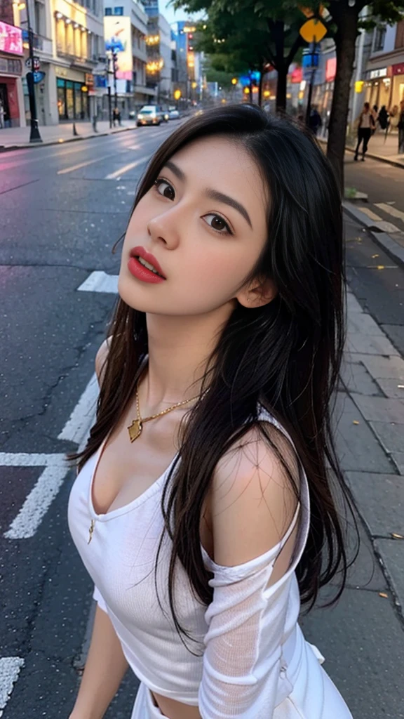 one girl,Beutiful women, zoom in, At the street, wear a sweat,long hair, wear a golden necklace, raise the corners of the mouth,random pose, emotional