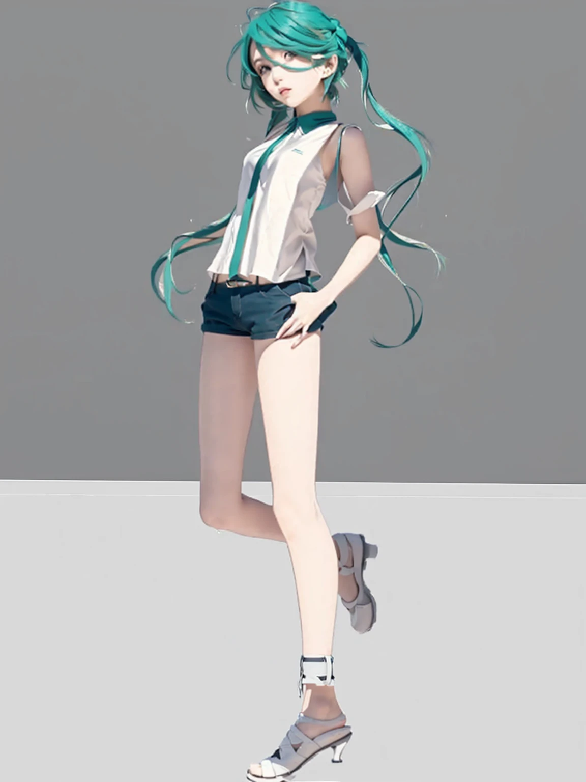 ((Masterpiece)), (best quality), (very detailed), ((very detailed)), 4k, (8k),2 girl,Hatsune Miku, girl with green hair and a white shirt and black shorts, full body illustration, hatsune miku short hair, full body portrait of a short!, !!full body portrait!!, anime vtuber full body model, full body!!, full body;, single character full body, white and teal garment, mikudayo, full body!, Realistic style