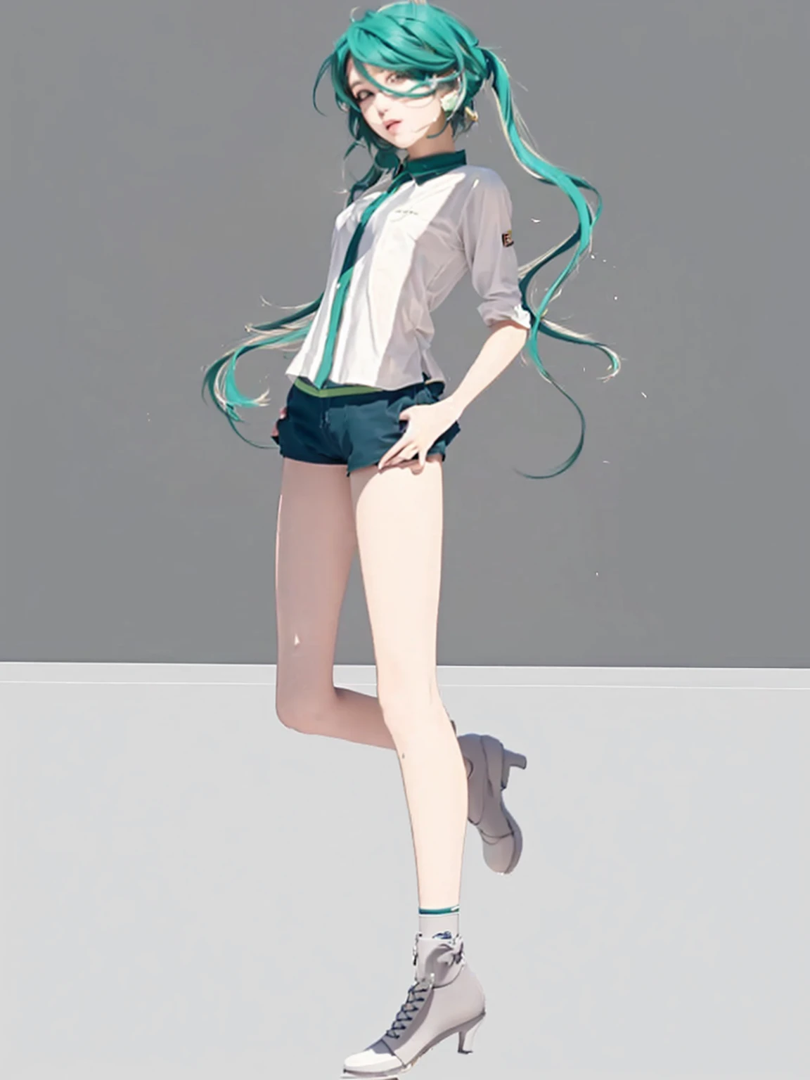 ((Masterpiece)), (best quality), (very detailed), ((very detailed)), 4k, (8k),2 girl,Hatsune Miku, girl with green hair and a white shirt and black shorts, full body illustration, hatsune miku short hair, full body portrait of a short!, !!full body portrait!!, anime vtuber full body model, full body!!, full body;, single character full body, white and teal garment, mikudayo, full body!, Realistic style