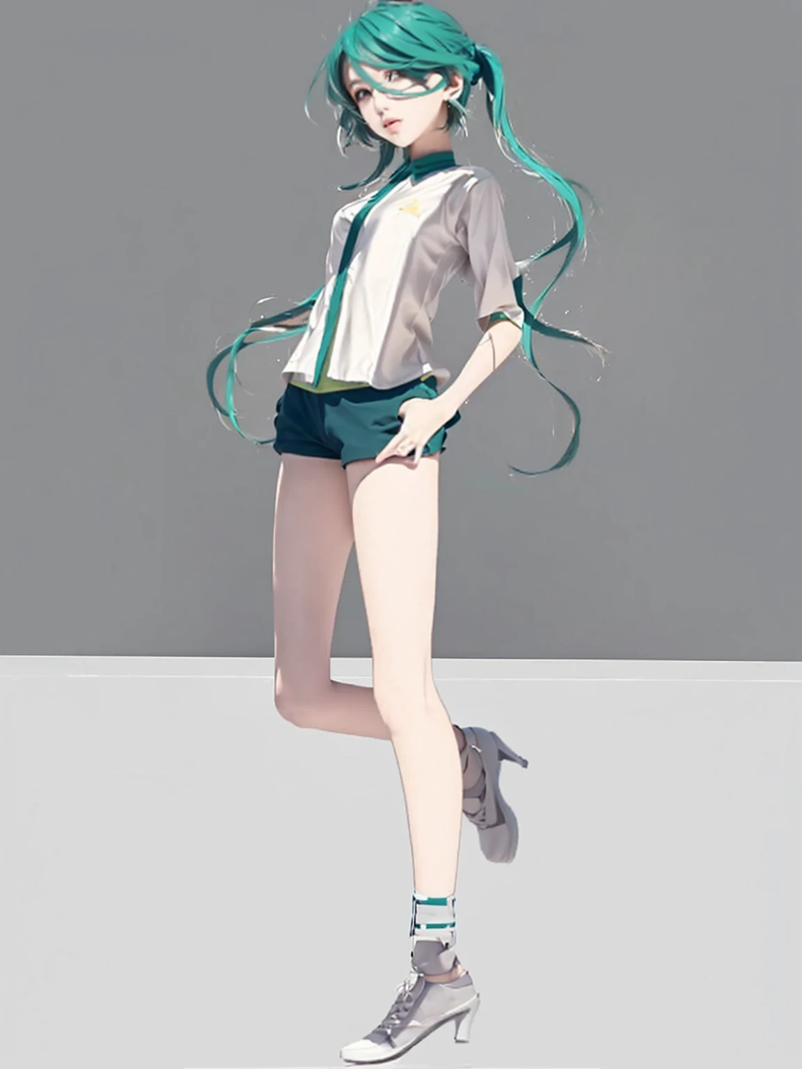 ((Masterpiece)), (best quality), (very detailed), ((very detailed)), 4k, (8k),2 girl,Hatsune Miku, girl with green hair and a white shirt and black shorts, full body illustration, hatsune miku short hair, full body portrait of a short!, !!full body portrait!!, anime vtuber full body model, full body!!, full body;, single character full body, white and teal garment, mikudayo, full body!, Realistic style