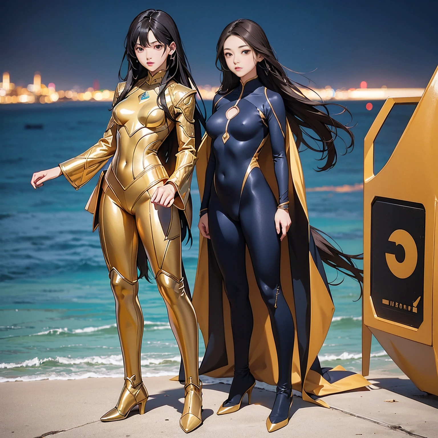 ((Full body photo, standing, feet on the floor)) 2girls, highest quality、shoe without heel, Realistic、female、Japanese、zoom、cute、Brown eyes、Black Hair、long hair、Blue hero suit、Gold accents on suits、Shiny bodysuit、Ocean