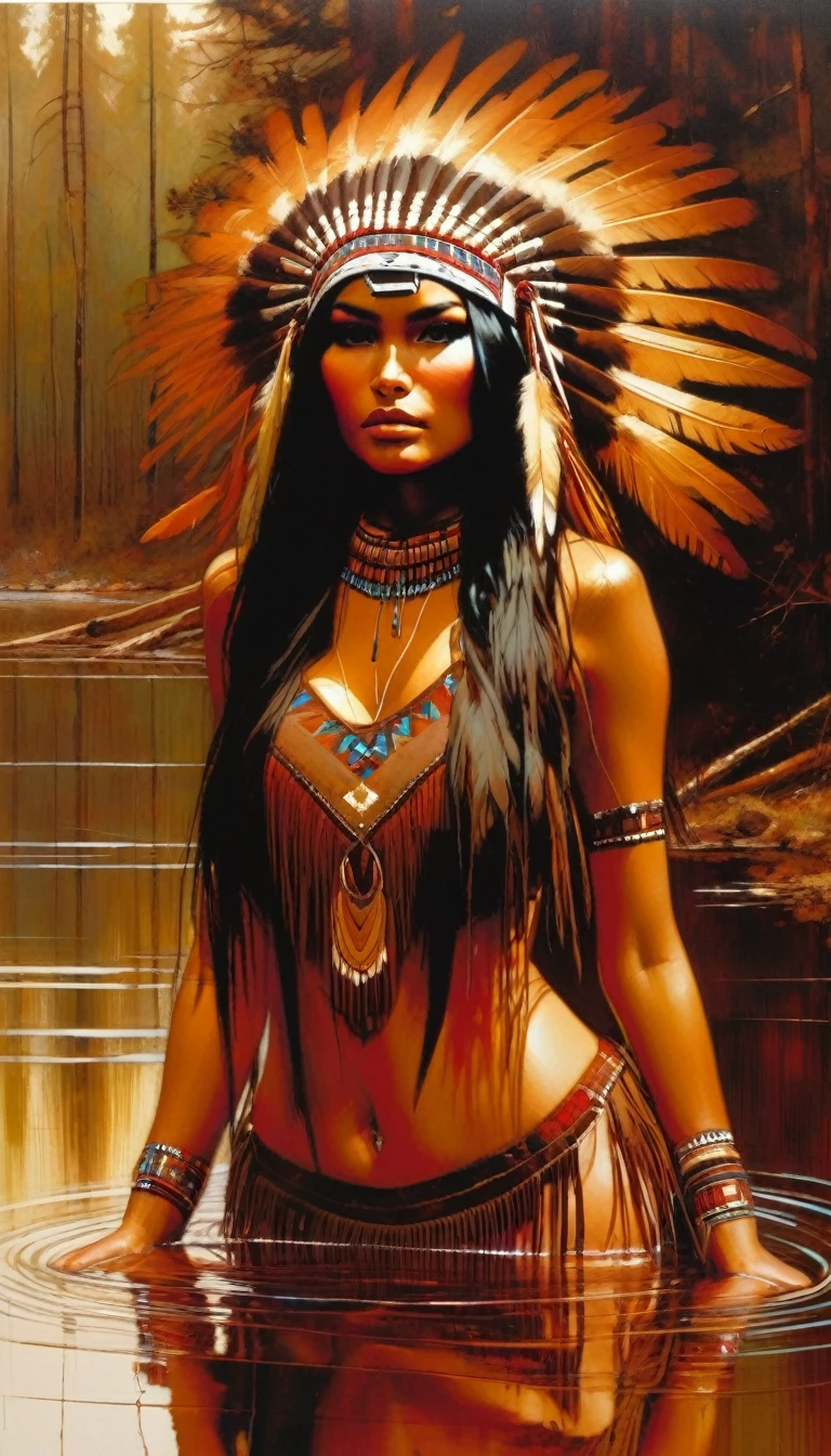 American Indian girl, Indian costume in brown tones, very sexy, feathers, knee-high in a lake in a closed forest, sexy, erotic (art inspired by Bill Sienkiewicz). oil painting)