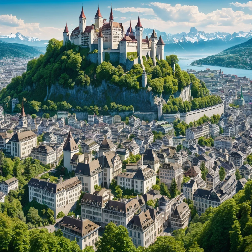 A large city inspired by Zurich and Paris with a large castle in the center, with many houses, surrounded by mountains and forests.