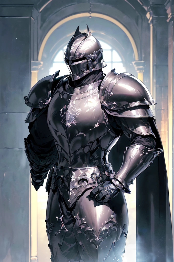 (masterpiece; best quality: 1.2), (full-armored knight man)), ((solo)), (closed helmet: 1.4), (body; muscular, large, masculine: 1.3), (beautiful and clear background: 1.2), ((depth of field)), (equipment: all-black full plate medieval armor + closed helmet + long black cape: 1.3), (anime illustration: 1.2), (background composition; fantasy castle corridor + furniture: 1.1), (shot composition; standing + centered on torso + close-up: 1.5)