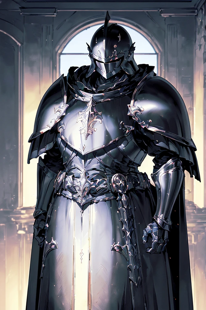 (masterpiece; best quality: 1.2), (full-armored knight man)), ((solo)), (closed helmet: 1.4), (body; muscular, large, masculine: 1.3), (beautiful and clear background: 1.2), ((depth of field)), (equipment: all-black full plate medieval armor + closed helmet + long black cape: 1.3), (anime illustration: 1.2), (background composition; fantasy castle corridor + furniture: 1.1), (shot composition; standing + centered on torso + close-up: 1.5)