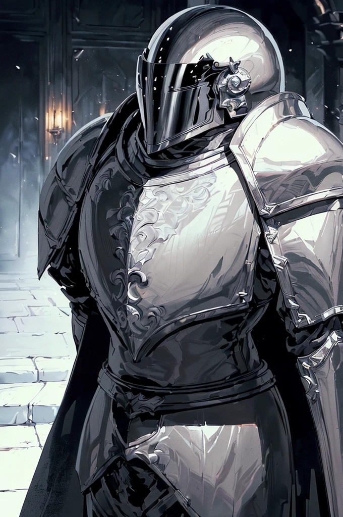 (masterpiece; best quality: 1.2), (full-armored knight man)), ((solo)), (closed helmet: 1.4), (body; muscular, large, masculine: 1.3), (beautiful and clear background: 1.2), ((depth of field)), (equipment: all-black full plate medieval armor + closed helmet + long black cape: 1.3), (anime illustration: 1.2), (background composition; fantasy castle corridor + furniture: 1.1), (shot composition; standing + centered on torso + close-up: 1.5)