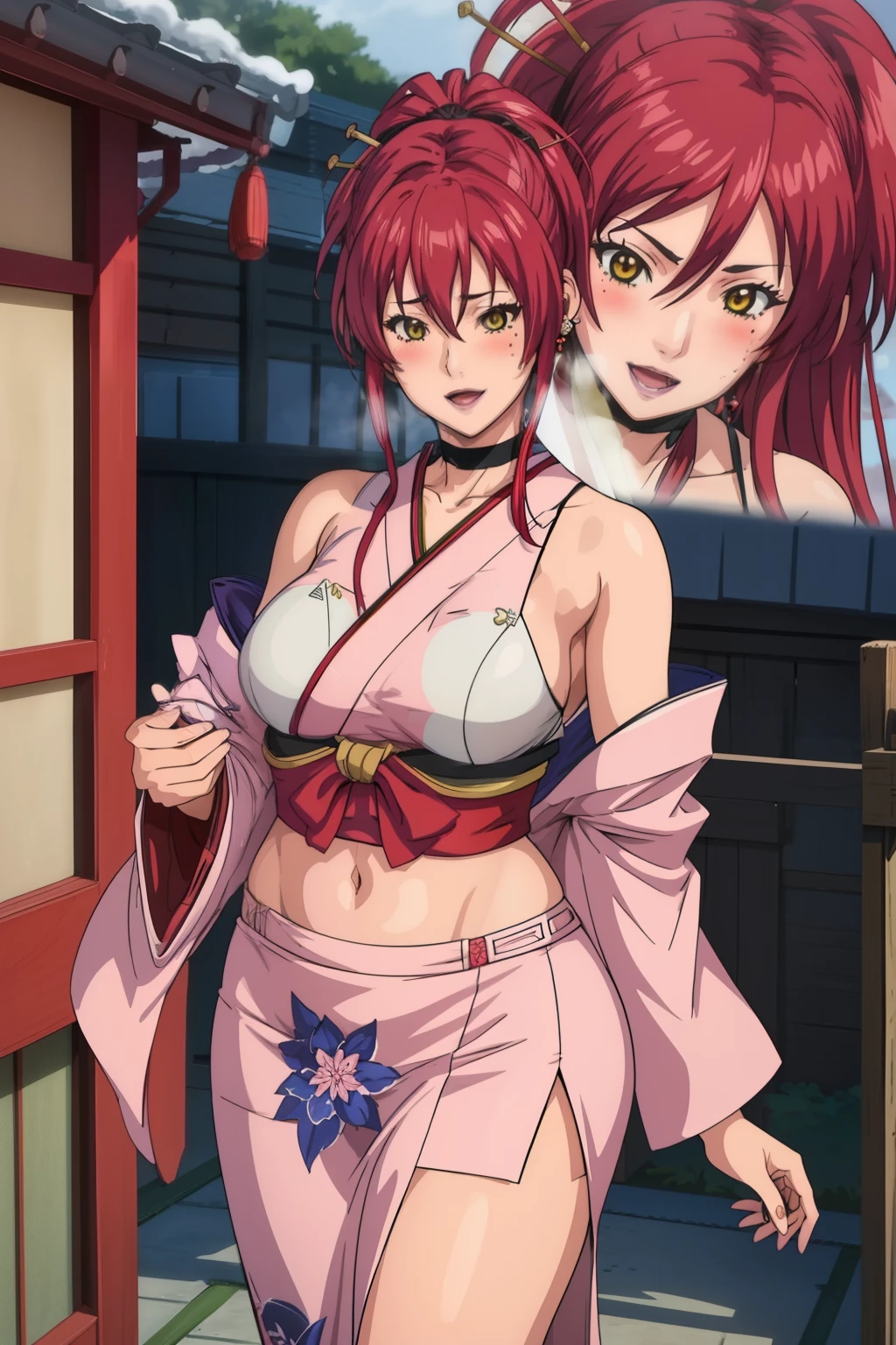 masterpiece, best quality, highres, detailed beautiful face,
1girl, solo, l red eyes, red hair, long hair, frown, hair over one eye,  large breasts, 
masterpiece, best quality, highly detailed, a anime girls in kimono dress with a sword posing for a
picture, bare shoulder,open kimono, evil smile, open mouth, crop top , (nsfw) not safe for work, smile,
ecchi anime style, anime girls, ecchi style, ecchi, digital anime art!!, in anime style, official artwork, visual
novel cg, beautiful anime girl, anime style 4 k, kimono pencil skirt, exposed belly, exposed navel,
exposed midriff, exposed lower belly, outdoor, japanese architecture, temple