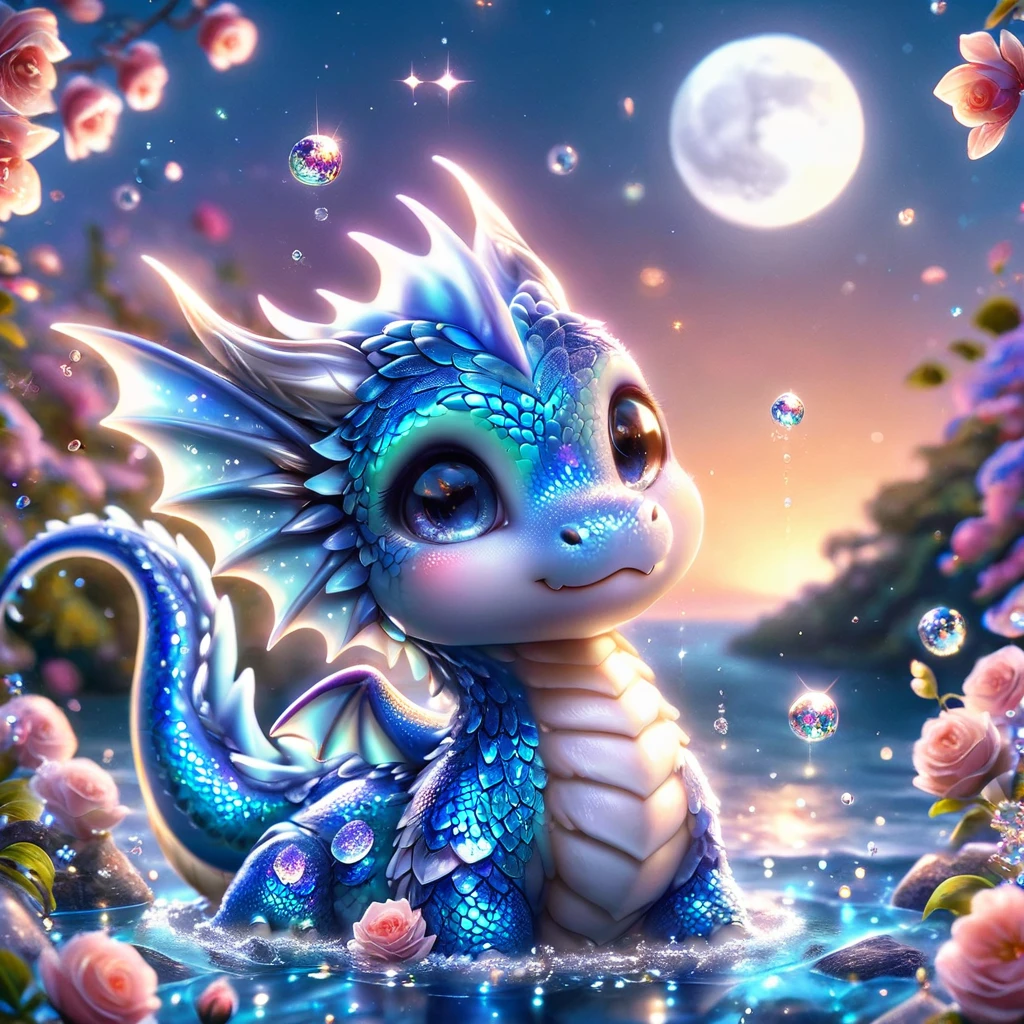 absurdres, highres, ultra detailed, HDR, master piece, best quality, small light-blue dragon, cute, fantasy, blue flowers, blue petals, sparkling, glittering, magical, glass, water, moon