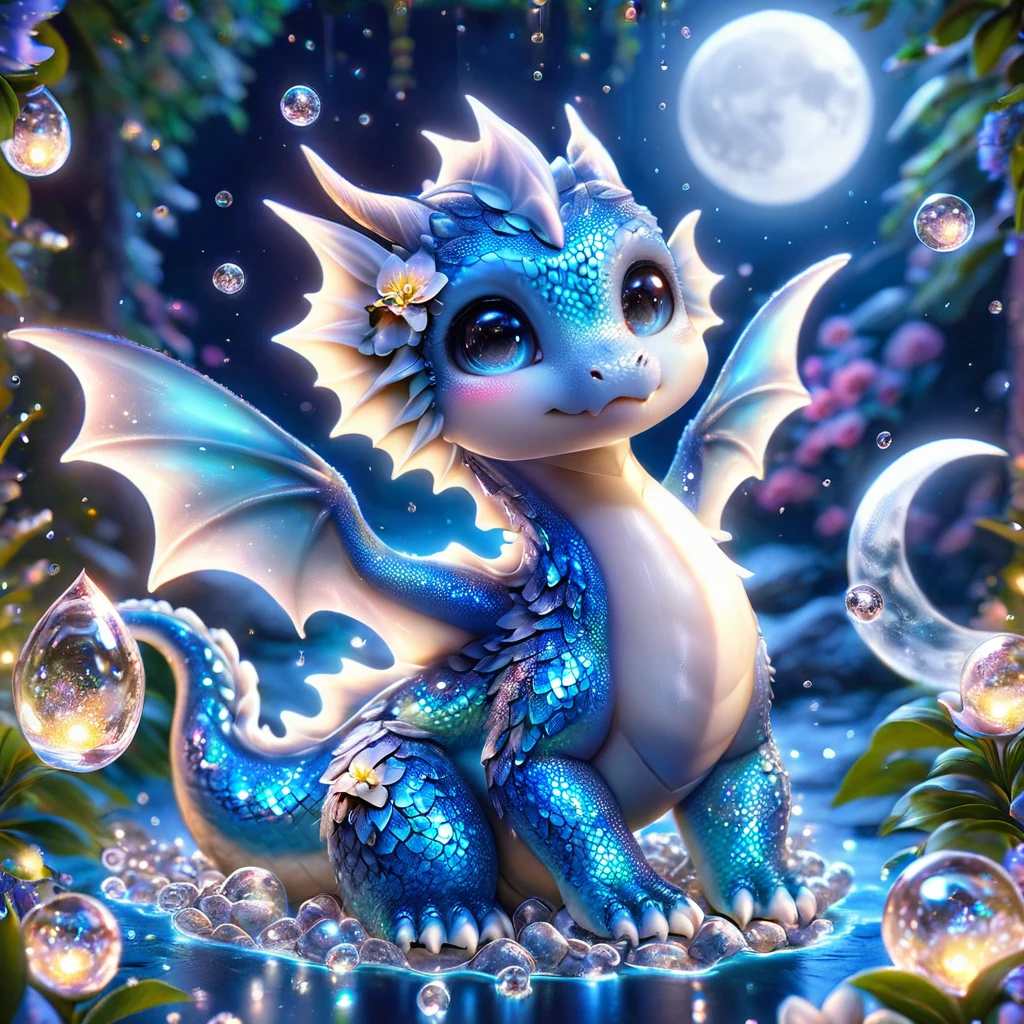 absurdres, highres, ultra detailed, HDR, master piece, best quality, small light-blue dragon, cute, fantasy, blue flowers, blue petals, sparkling, glittering, magical, glass, water, moon