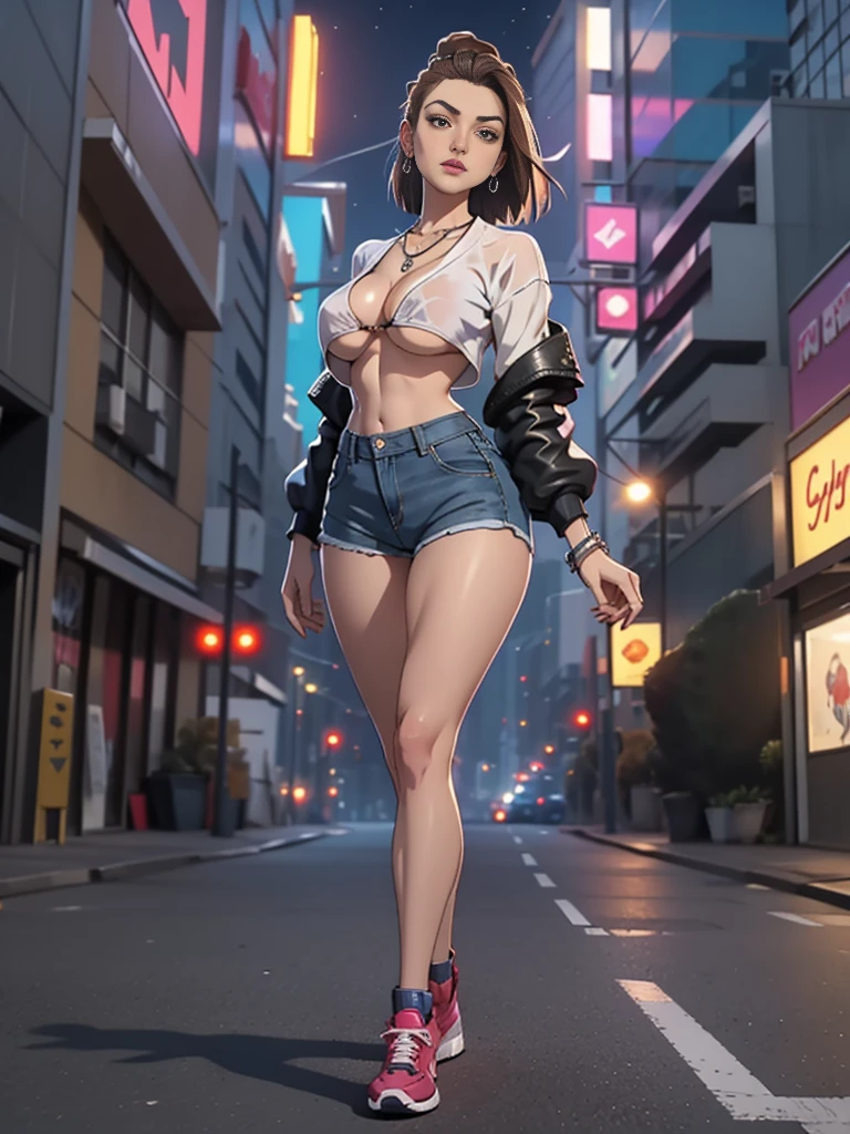 (1 girl, solo),Best quality, full body portrait, delicate face,brown long hair, bob haircut, forehead, 18 year old girl, slim figure, huge bust, loose oversized u-neck crop top full sleeved shhirt, cleavage,(under boobs:1.4), crotch gap, cameltoe, over shirt shorts, seen string of bikini bottoms, sunset bridge, vintage vespa behind, scene, standing tall, long leg , necklace, rings, earrings, bracelet, watch, open legs, araffe woman in shorts and a white top walking down a street, photorealistic perfect body, anime girl in real life, realistic anime 3 d style, sexy girl wearing shorts, at a city street, hyperrealistic full figure, bra and shorts streetwear, beautiful model girl, cyberpunk 2 0 y. o model girl, fashion model, hyper realistic anime, small waist, naval piercing, bellybutton pierced, nightlife,visible bra,denim shorts,tight ass, slutty,at night photo, night photography,brown hair(night outdoors)