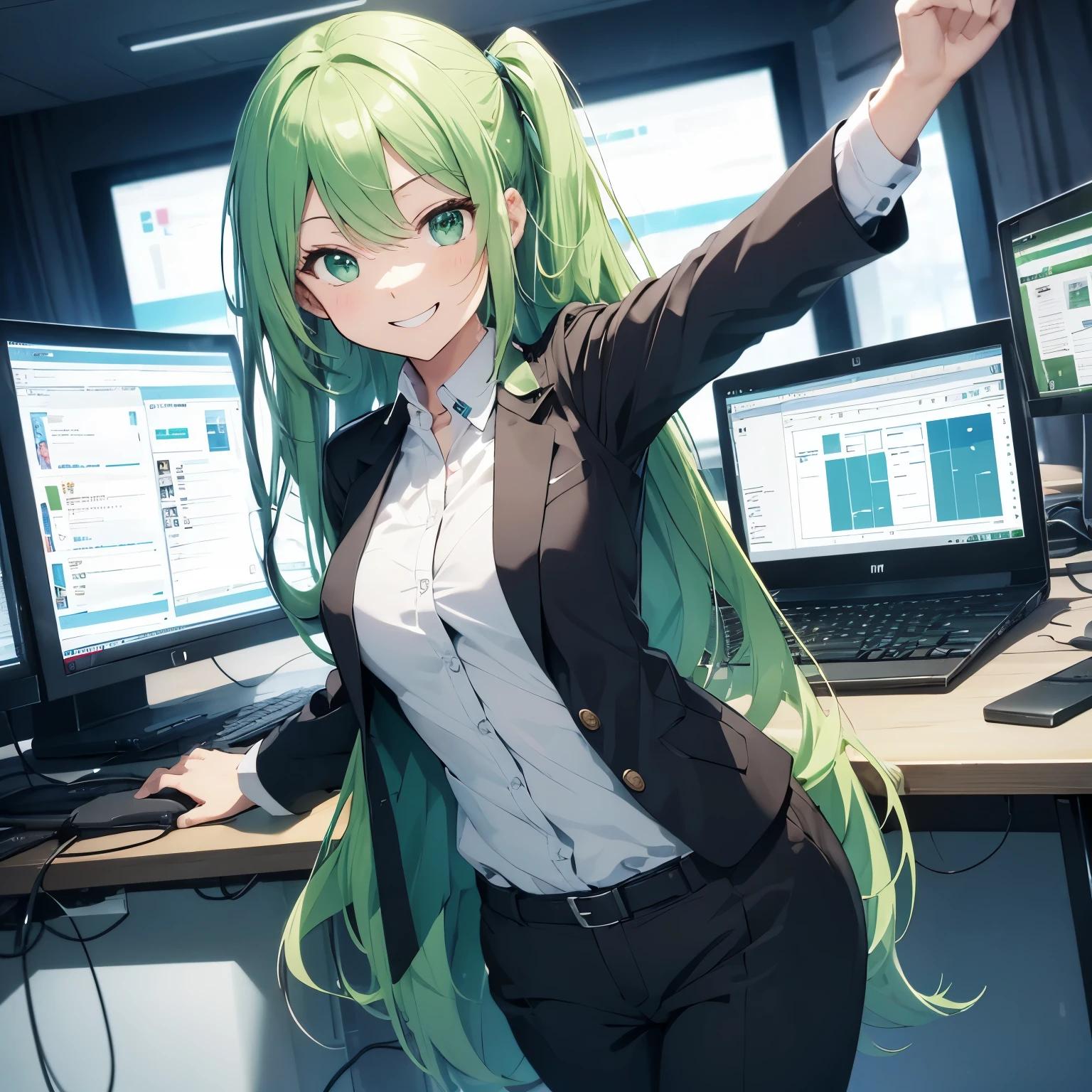 Taking security measures on a computer, cheerful, smiling, one cute girl, dress shirt, no exposure, green hair, semi-long, looking at the camera, bright computer room, person placement on the right, illustration