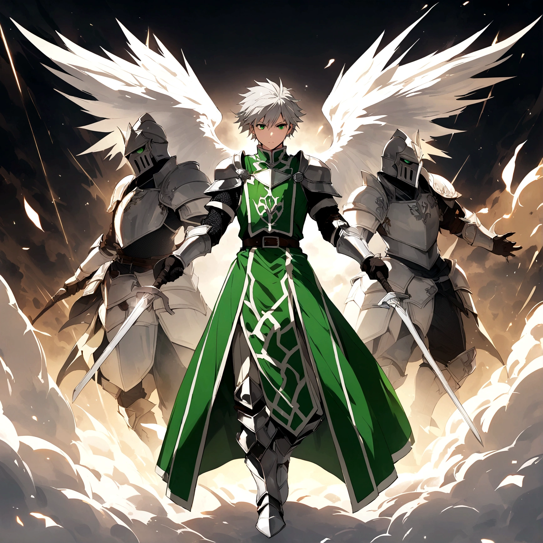 Male, silver short hair, green eyes, Male knight, Duelist knight, fancy tabard, silver and green tabard, armored, crop chestplate, black chainmail, full body