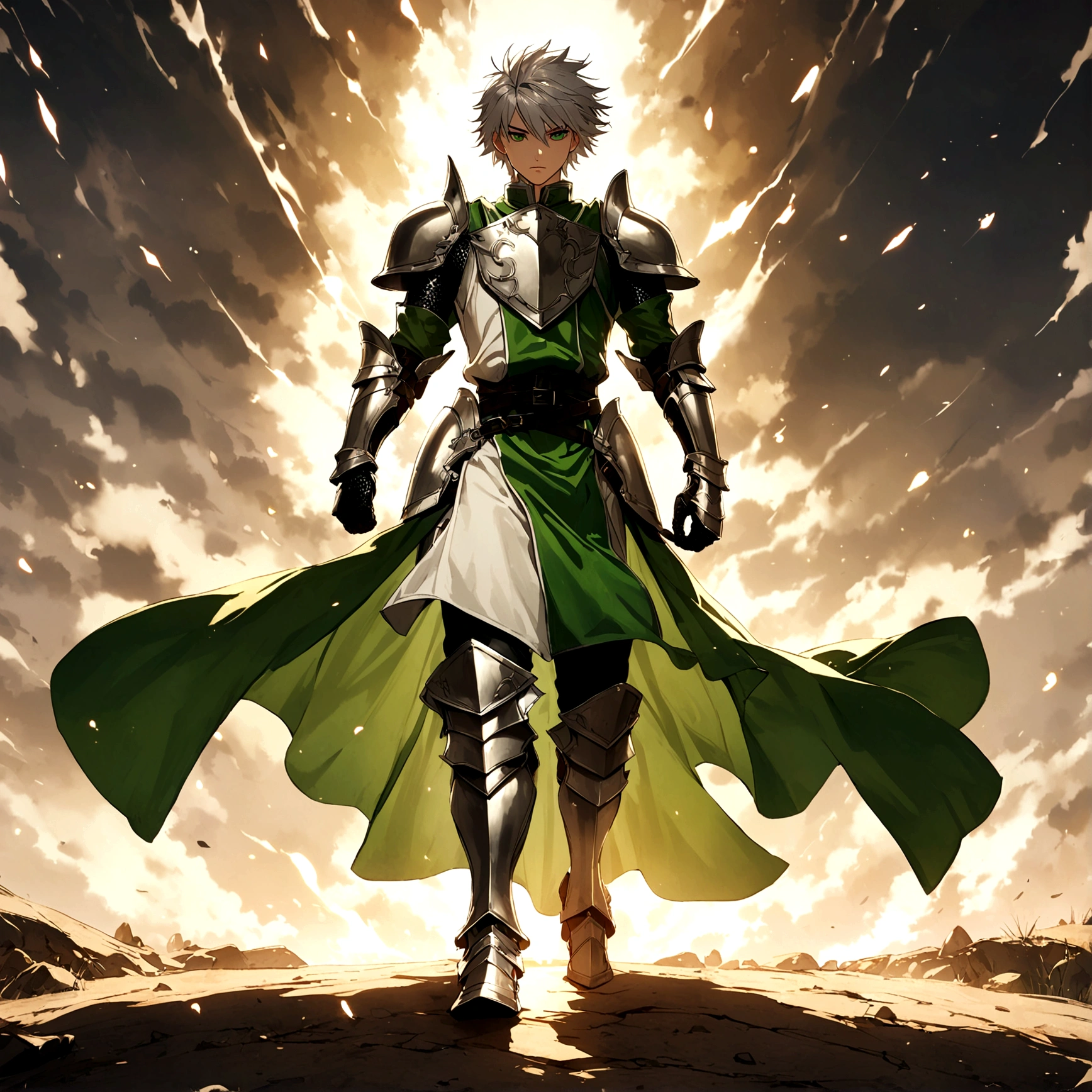 Male, silver short hair, green eyes, Male knight, Duelist knight, fancy tabard, silver and green tabard, armored, crop chestplate, black chainmail, full body