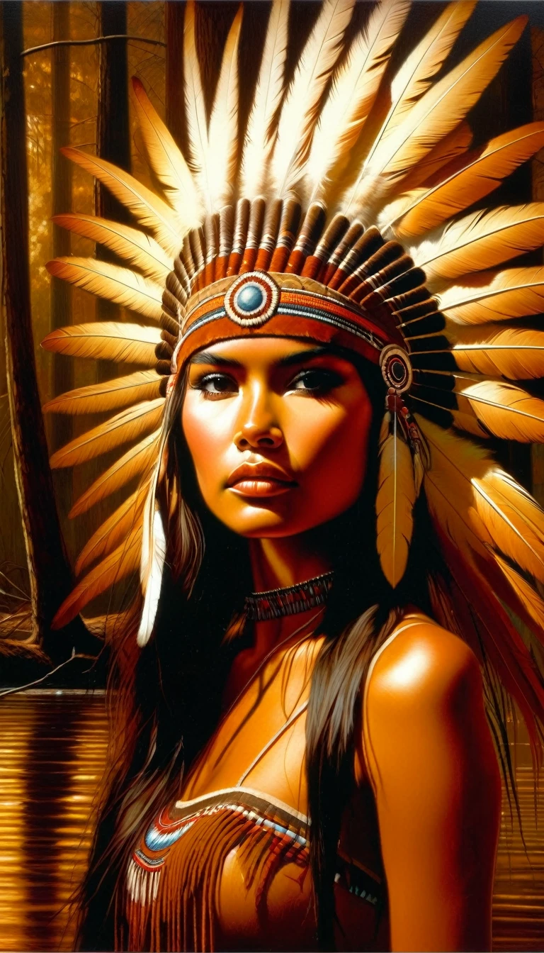 a beautiful american indian girl,feathered headdress,intricate indian costume in warm brown tones,posing knee-deep in a still forest lake,sensual and erotic expression,dramatic lighting,cinematic composition,oil painting,high quality,photorealistic,masterpiece,detailed description, (art inspired by Bill Sienkiewicz). oil painting)