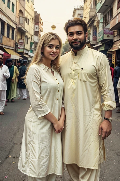 blonde woman, medium blond hair, plussize, green eyes, dressed in a yellow Pakistani woman's outfit, she is in the center of the city of Lahore, she is slightly smiling, hand in hand with a Pakistani man in white clothes, with a beard