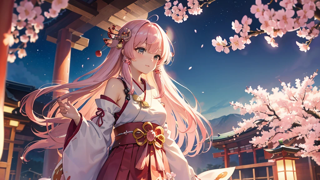 ((high resolution, pink hair, long hair, shrine maiden)) ((mystical, cherry blossoms, butterfly, night, Japanese style, shoulder, shining aura)) (prayer, dance), moon, stars, spring