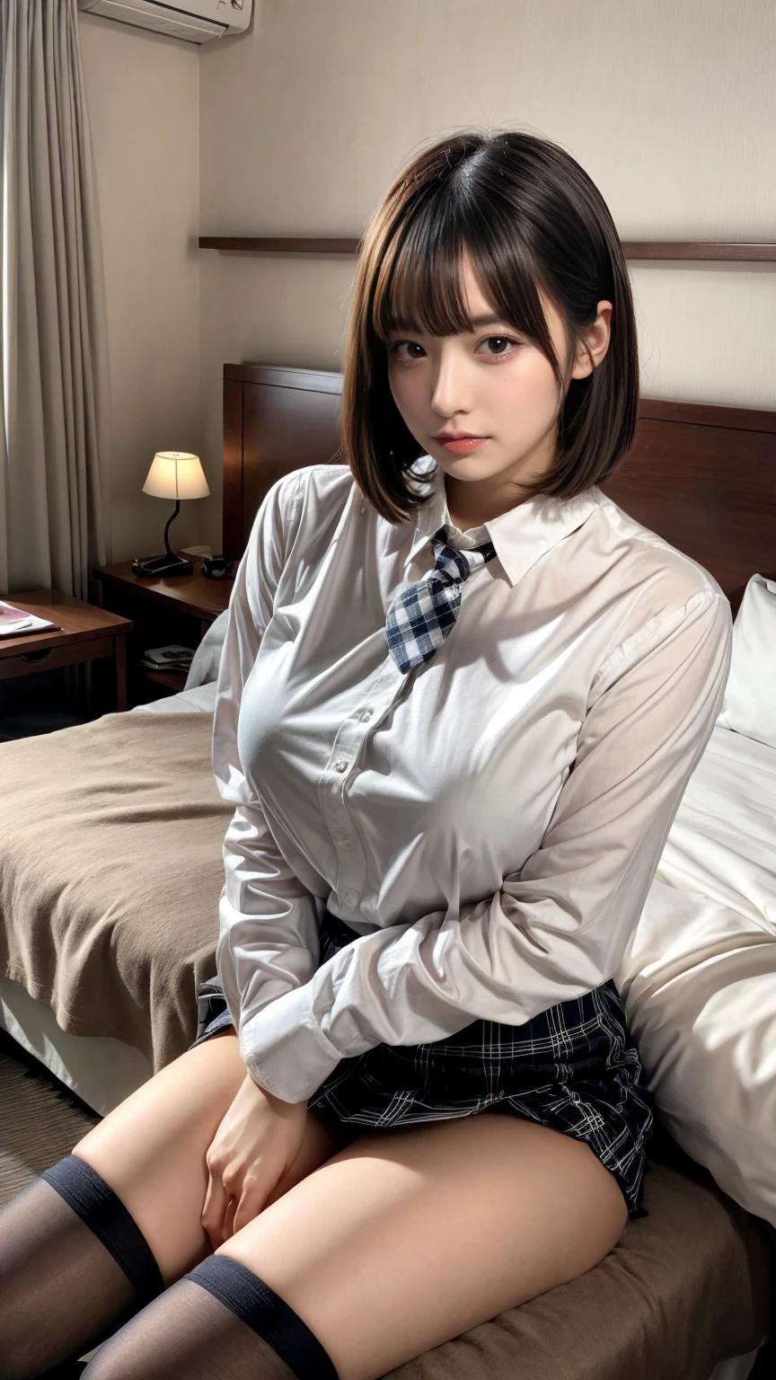 masterpiece, best quality, illustration, Super detailed, fine details, High resolution, 8K,wall paper, perfect dynamic composition,(Details High quality, realistic depiction of eyes:1.3), (white school shirt :1.2), (plaid skirt :1.3), tie black, black thigh-high stockings, sitting, open legs, short bob hair, in a hotel room in the background, deep on field, large breasts, black hair color, Big Natural Color Lip, (perfect body shape), crying a little、Harajuku style、20 year old girl、cute type、beautiful legs, Gravure Idol