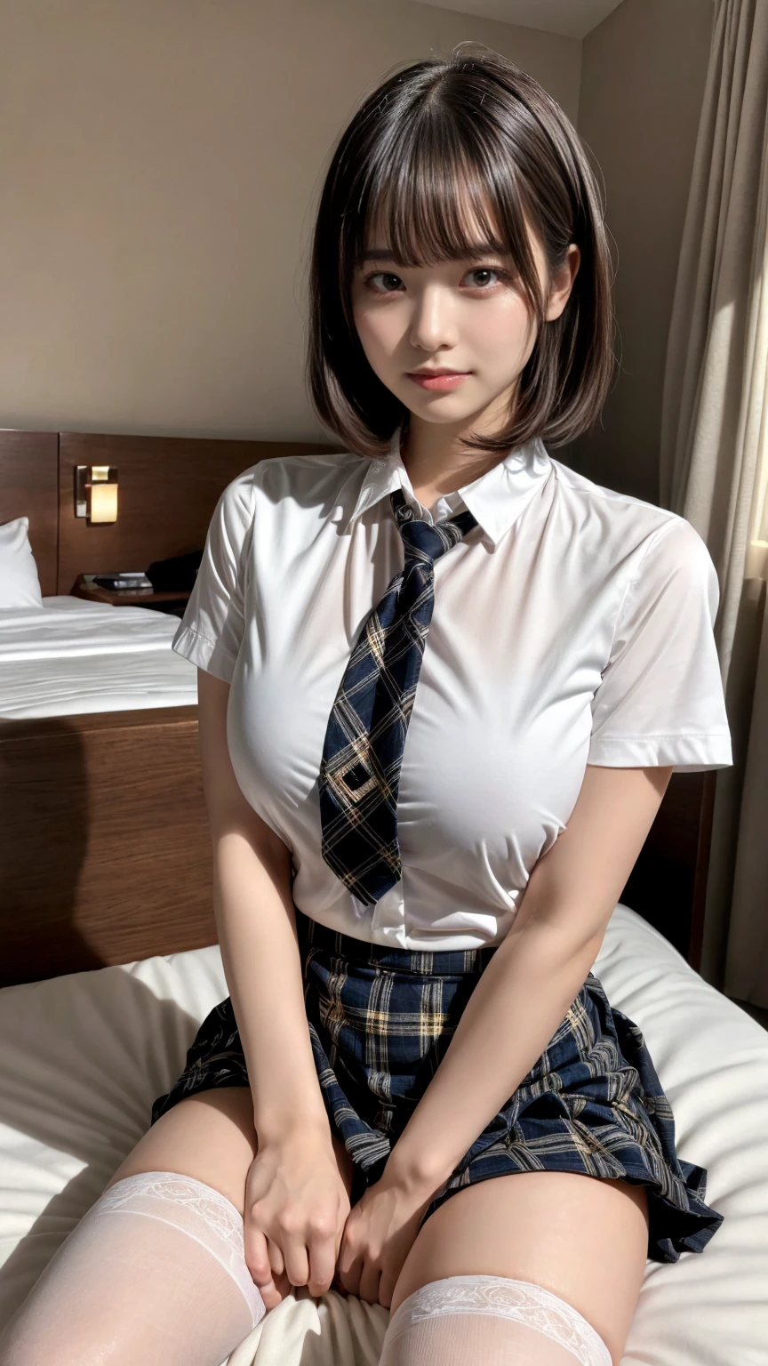 masterpiece, best quality, illustration, Super detailed, fine details, High resolution, 8K,wall paper, perfect dynamic composition,(Details High quality, realistic depiction of eyes:1.3), (white school shirt :1.2), (plaid skirt :1.3), tie black, black thigh-high stockings, sitting, open legs, short bob hair, in a hotel room in the background, deep on field, large breasts, black hair color, Big Natural Color Lip, (perfect body shape), crying a little、Harajuku style、20 year old girl、cute type、beautiful legs, Gravure Idol