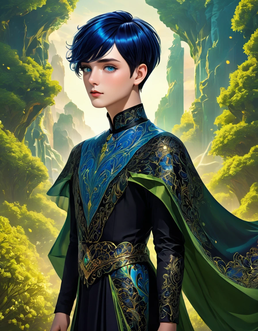 a beautiful male with short flowing blue hair and short black hair, intricate hairstyle, detailed facial features, gorgeous green eyes, detailed lips, delicate skin, elegant pose, intricate dress, surreal fantasy landscape, warm lighting, vibrant colors, cinematic composition, highly detailed, 8k, photorealistic, digital art