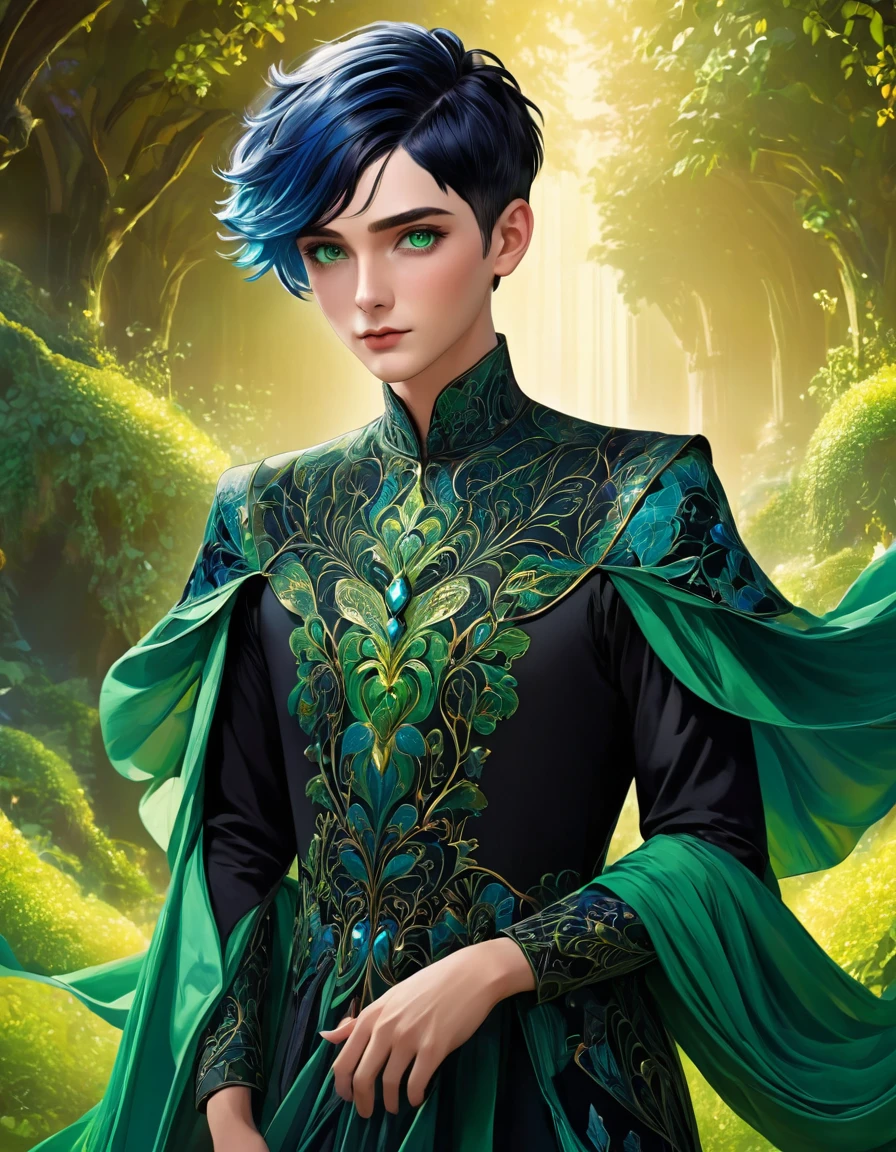 a beautiful male with short flowing blue hair and short black hair, intricate hairstyle, detailed facial features, gorgeous green eyes, detailed lips, delicate skin, elegant pose, intricate dress, surreal fantasy landscape, warm lighting, vibrant colors, cinematic composition, highly detailed, 8k, photorealistic, digital art