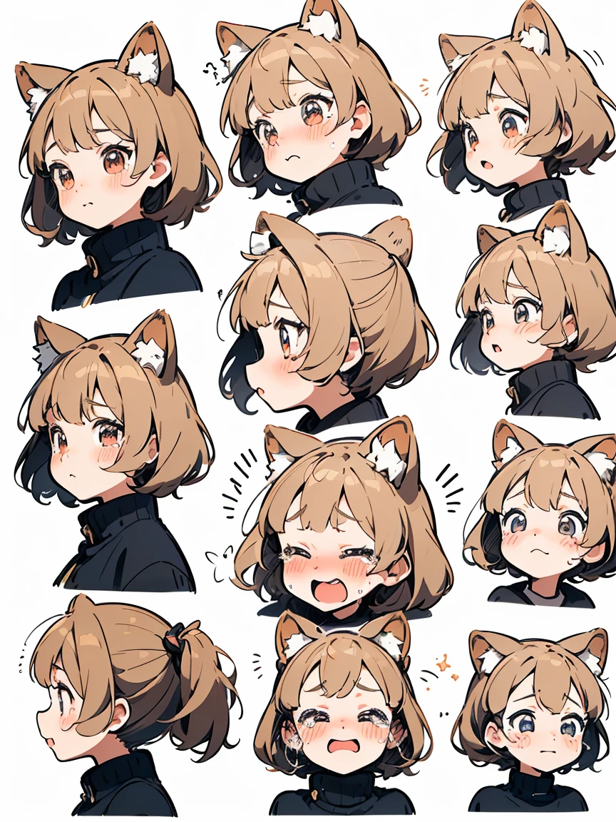 Shiba Inu girl expression pack， (((Crying face, Sad face, Excited face, Excited face))) ， (((Detailed girl portrait table, Front diagram, side view, three quarter view))), (((White background)))