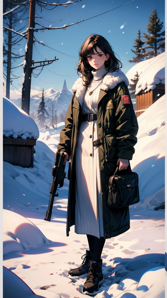 Woman with gun in hand standing in snow, from Girls&#39; Frontline, Girls&#39; Frontline style, from Arknights, Fine details. Girls&#39; Frontline, Gray-haired, Girls&#39; Frontline cg, Girls&#39; Frontline universe, A profound winter aesthetic, Gray-haired, Girls&#39; Frontline, perfect Gray-haired girl, Gray-haired deity, Arknights, Kantai Collection Style