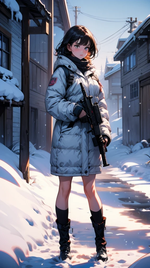 Woman with gun in hand standing in snow, from Girls&#39; Frontline, Girls&#39; Frontline style, from Arknights, Fine details. Girls&#39; Frontline, Gray-haired, Girls&#39; Frontline cg, Girls&#39; Frontline universe, A profound winter aesthetic, Gray-haired, Girls&#39; Frontline, perfect Gray-haired girl, Gray-haired deity, Arknights, Kantai Collection Style