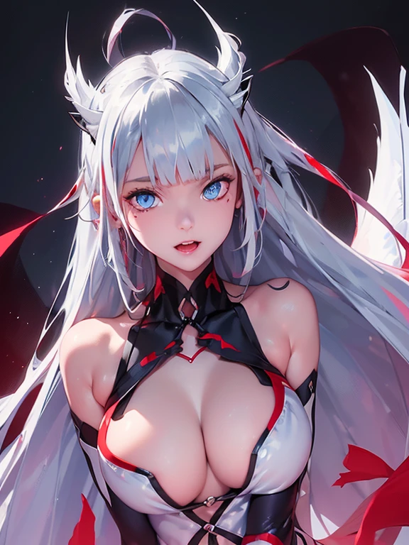 ((picture-perfect)), ((face perfect)), ((ultra detaild)), ((fully body)), ((perfectbody)), a silver-haired demon girl with red streaks and blue eyes, pupil on vertical, Girl floating in the sky, wearing sexy clothes, several metallic feathers hovering around, full body image, cinematic scene