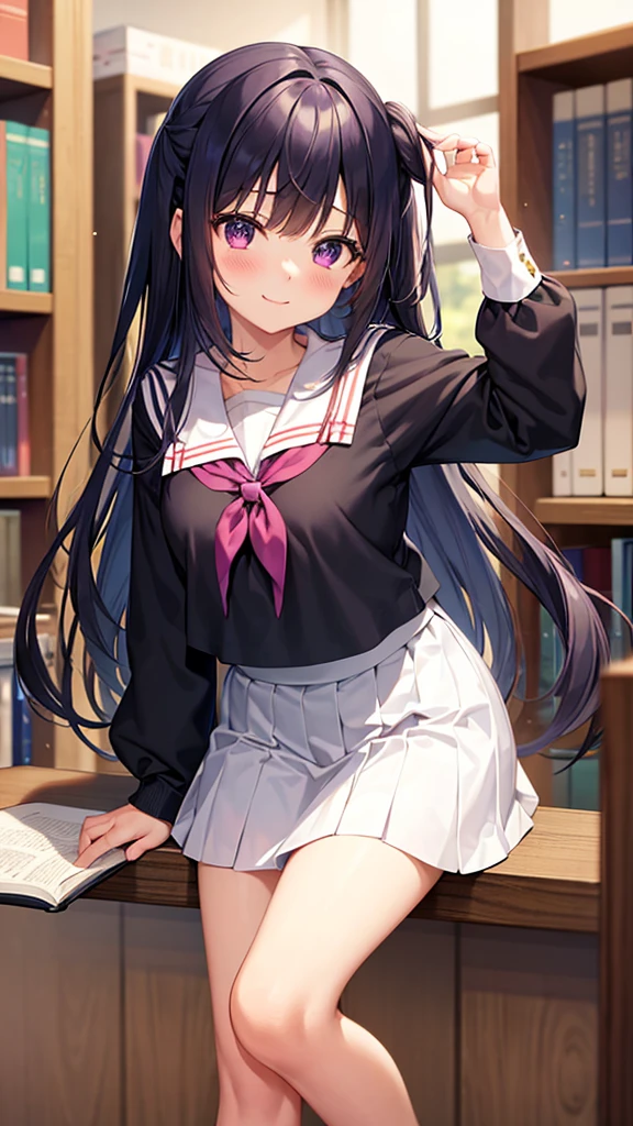 blurry, depth of field, 1girl, bookshelf, , blurry background, solo, serafuku, chitanda eru, long hair, black hair, blurry foreground, purple eyes, looking at viewer, kamiyama high , neckerchief, upper body, bangs, sailor collar, blunt bangs, library, indoors, smile, collarbone, classroom, book, original design, masterpiece, perfect pastel color, straight bangs , full body, skirt hold, Law_Angle,