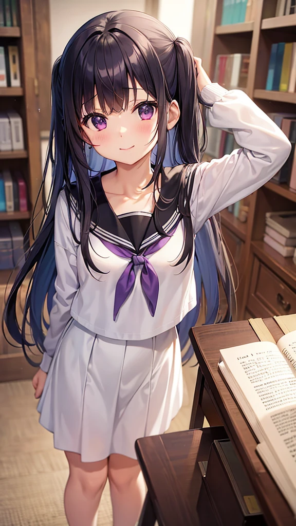 blurry, depth of field, 1girl, bookshelf, , blurry background, solo, serafuku, chitanda eru, long hair, black hair, blurry foreground, purple eyes, looking at viewer, kamiyama high , neckerchief, upper body, bangs, sailor collar, blunt bangs, library, indoors, smile, collarbone, classroom, book, original design, masterpiece, perfect pastel color, straight bangs , full body, skirt hold, Law_Angle,
