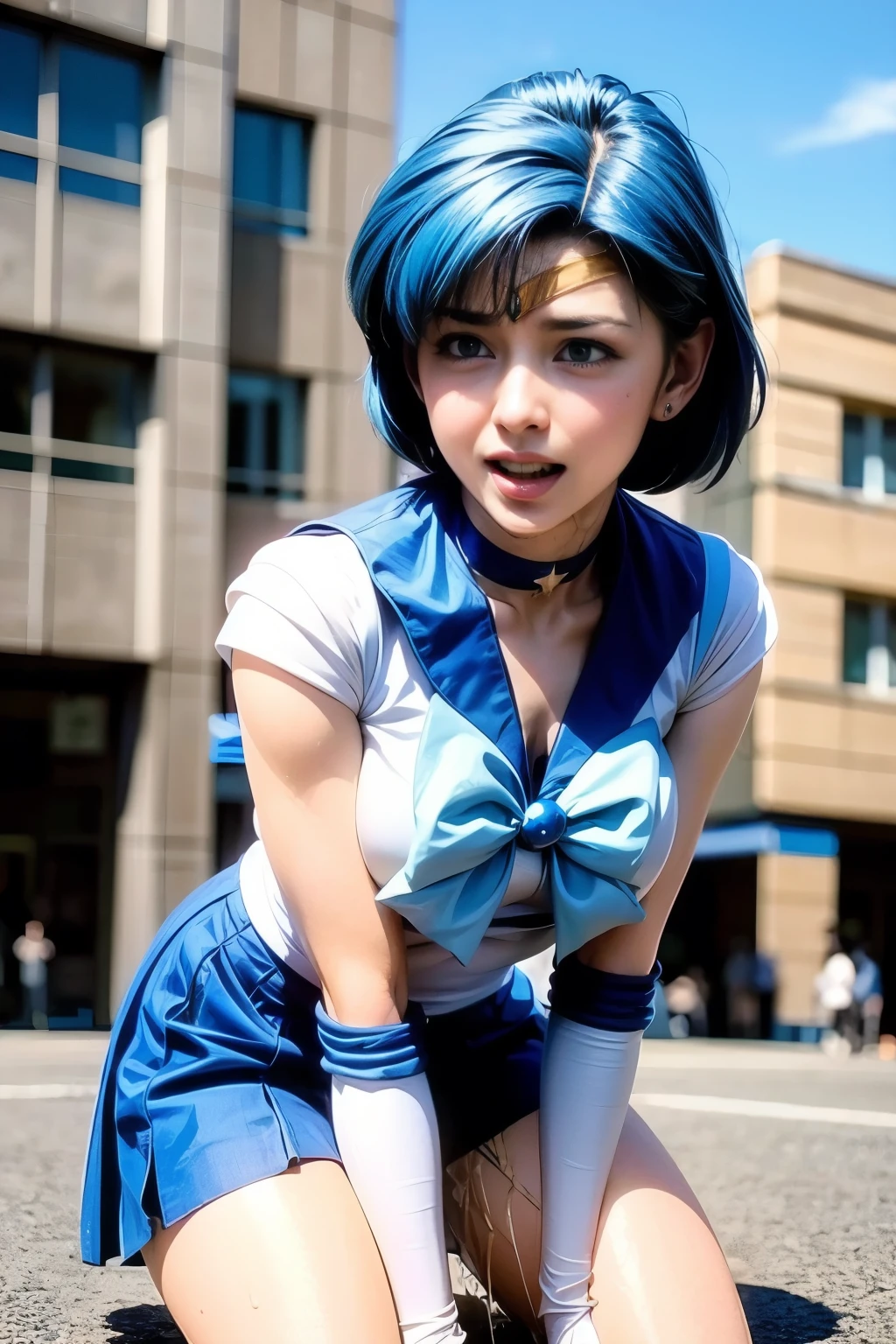 (realistic, photo-realistic:1.4), (best quality,masterpiece:1.2), RAW photo, high resolution, intricate details, extremely detailed, realistic and sharp details, cinematic lighting, portrait, frontal photography, solo, 1girl, sailor mercury, mer1, AmiMizuno, a Japanese female idol wearing a sailor senshi uniform, smuniform, jewelry, circlet, star shape earrings, blue sailor collar, blue choker, neck ribbon, (white elbow gloves:1.2), blue skirt, blue knee boots, (short hair, blue hair:1.5), detailed face, detailed eyes, pale skin, fine-textured skin, (perfect anatomy, prefect hands), (spread legs apart, leaning forward, hands between legs, thighs:1.2), (peeing self, pee puddle:1.5), (blush, ashamed, humiliation, desperation, open mouth:1.2), photo background, outdoors, downtown, holiday, daytime, sunny, (crowd in background),,
