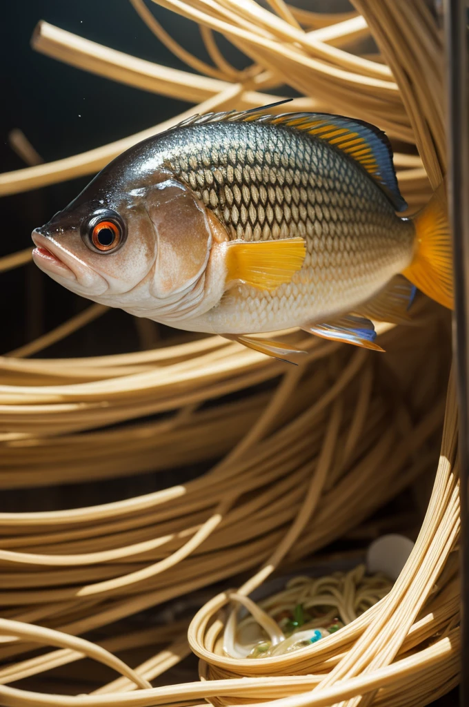 A fish with big eyes, and eating noodles