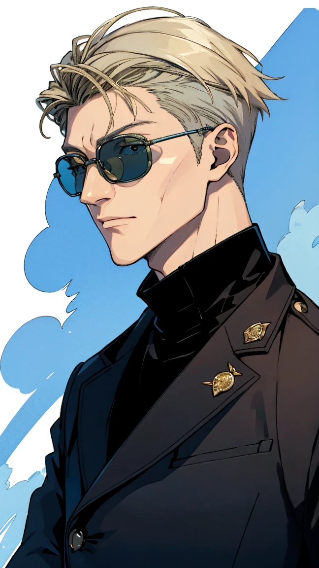 Realist,(masterpiece,Ariba Quality,Highest quality,Official Art,beauty:1.2),He is very knowledgeable,Fractal Art,color,More detailed,Tangled,(Abstract background:1.5)(1:1.3),Nanami,Light blonde hair,Short detailed hair,(Blue Sunglasses ,Tall and strong,青いシャツと黒い斑点のある黄colorのネクタイ,Avistic,(Posing with glasses),Handsome