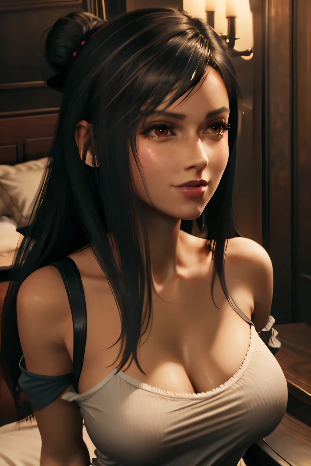 Amazing portrait of a sexy woman with a beautiful face with lustful eyes gazing seductively and parted pink lips smiling as she blushed deeply with her black hair in a bun wearing a green satin shirt that is partially unbuttoned and falling off her shoulders exposing her creamy pale porcelain skin in a very dimly lit bedroom giving off an intimate vibe