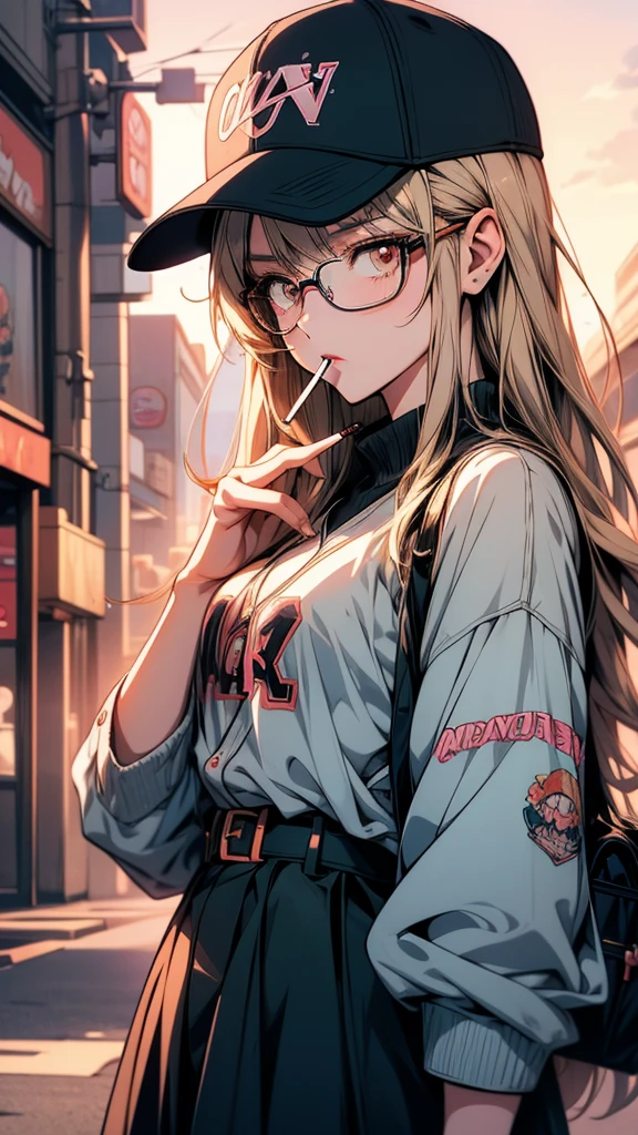 Anime Girls Wearing glasses and a baseball cap smoking a cigarette, Anime Girls, (Anime Girls), an Anime Girls, cute Anime Girls, in an Anime Style, Style Anime, young Anime Girls, As an anime character, Anime Style, portrait Anime Girls, Anime atmosphere, in Anime Style, modern Anime Style, Wearing glasses, Cute girl anime visuals
