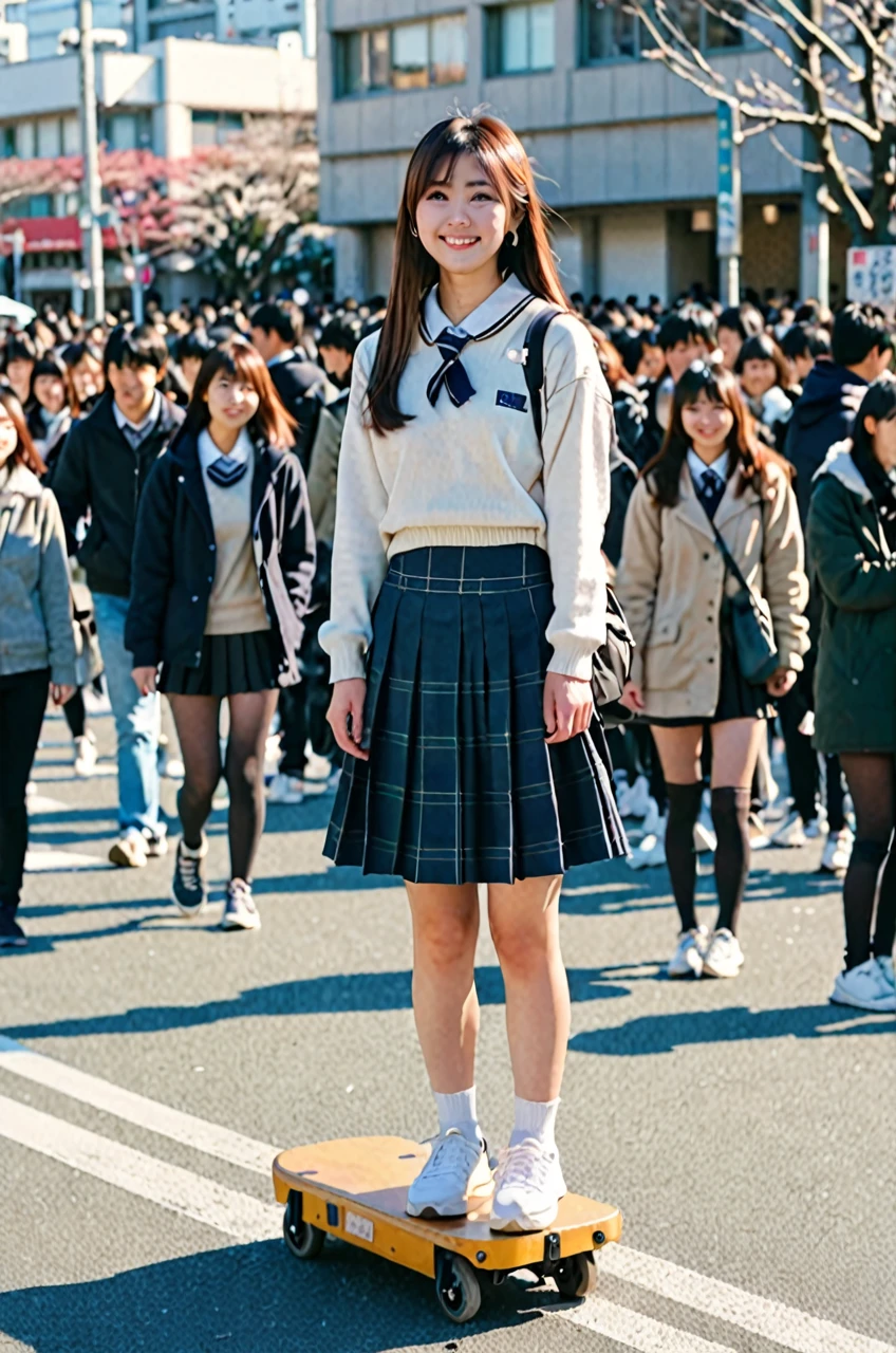 a Beautiful Japanese high school girl, standing on the load, from side, medium long hairstyle, , skirt, sneakers, full body, smile, looking at camera, sunny at noon winter, Tokyo crowded with people, anamorphic, flare, High Dynamic Range Shot, photograph, 4K