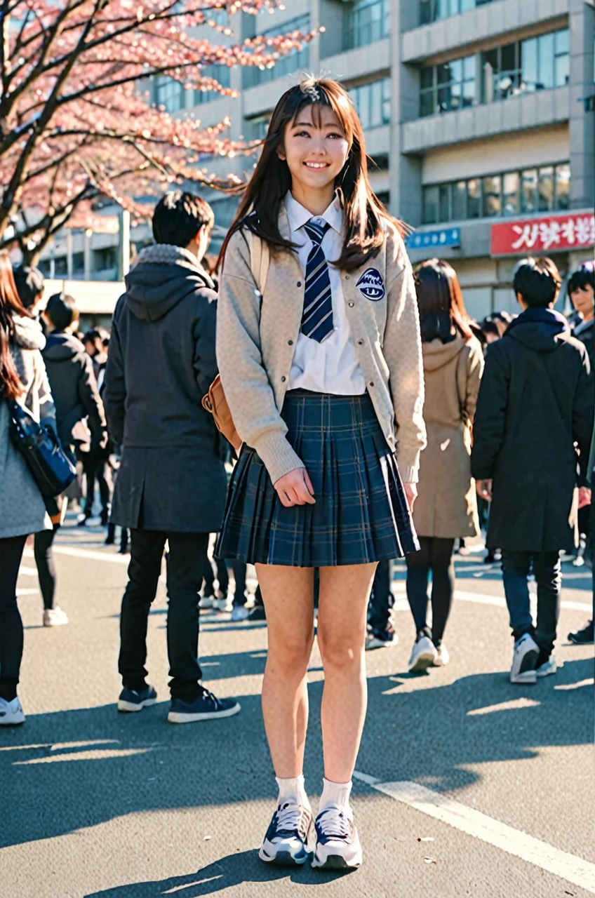 a Beautiful Japanese high school girl, standing on the load, from side, medium long hairstyle, , skirt, sneakers, full body, smile, looking at camera, sunny at noon winter, Tokyo crowded with people, anamorphic, flare, High Dynamic Range Shot, photograph, 4K