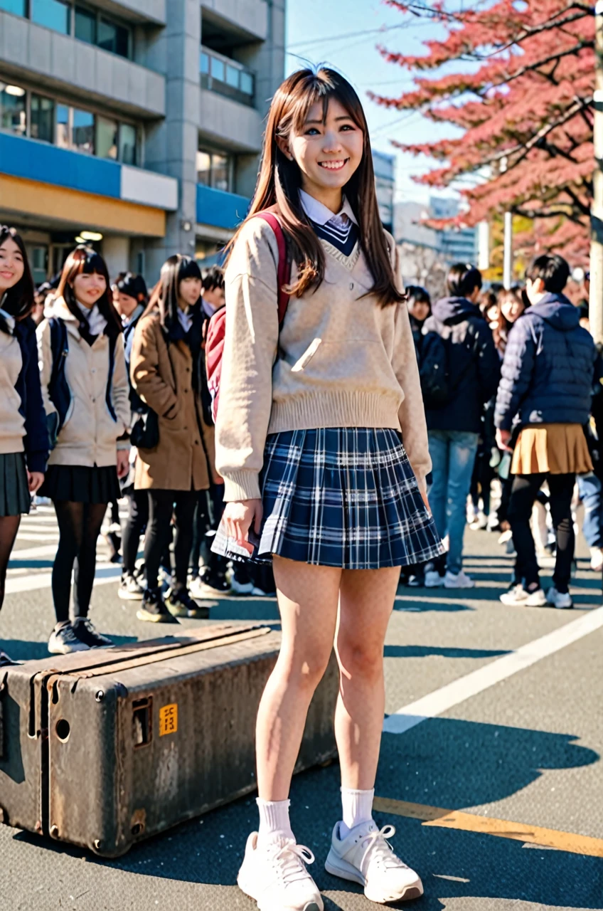 a Beautiful Japanese high school girl, standing on the load, from side, medium long hairstyle, , skirt, sneakers, full body, smile, looking at camera, sunny at noon winter, Tokyo crowded with people, anamorphic, flare, High Dynamic Range Shot, photograph, 4K