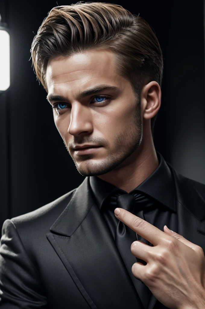 (masseter piece,Best Quality,ultra detailed), (A detailed face), 1 chico, A young man who left his childhood behind,(front view),(photorealistic:1.2),(side lights,Beautiful eyes of details:1.2),銀 blonde hair,three scratches on each of his cheeks,facial focus,black suit,black jacket,black tie,Vampires,safe,10 billion men,blue eyes,mafia,Secret associations,detailed hands, angry