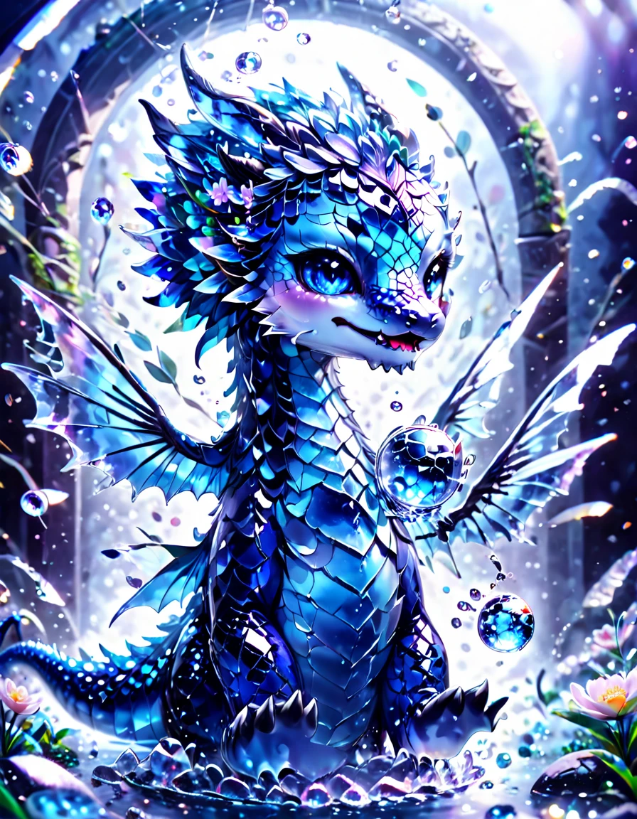 absurdres, highres, ultra detailed, HDR, master piece, light blue dragon, cute, best quality, blue moon, flowers, fantasy, magical, solo, water, blue shining fireflies, blue petals, fe cristal sphere, magic, small dragon, glittering, holding a sphere, pieces of glass