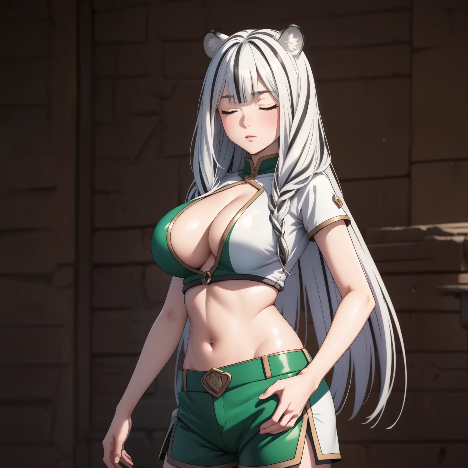 Atlas Fayon woman 40 years, white hair with black stripes ,white tiger ears, closed eyes, mujer ciega con closed eyes, disfraz de explorer, green low cut leather tops, green leather shorts, explorer, big breasts,, background of a chinese castle