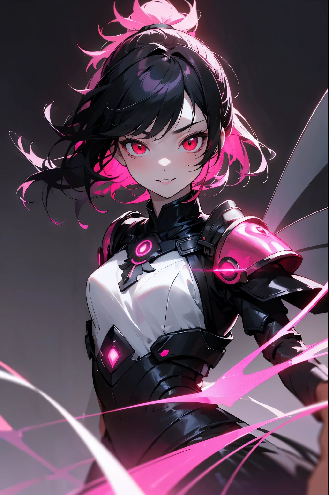1girl, fairy girl, small, fairy wings, ((glowing pink fairy wings)), (fairy wings), Black hair color, ponytail hairstyles, short ponytail, red eye color, wearing leather armor, silver shoulder pads, black clothes,(glowing eyes), high resolution, extremely detailed CG unity 8k wallpaper, ((masterpiece)), ((top-quality)), (beautiful illustration), ((an extremely delicate and beautiful)), (masterpiece, Best quality, ultra high resolution), 1 girl, pale skin, Black Crown, red eyes, Luminous_eyes, neon red eyes, ultra detailed eyes, Beautiful and detailed face, detailed eyes, (Centered, torso), (wide shot:0.9), facing the viewer, Eye level, (floating hair), character focus, ((black light)), ((dark lighting)), cinematic lighting ,(darkness), (concept art), ((energetic face)), wide open smile, waving excitedly, dark black hair, ((red eyes))
