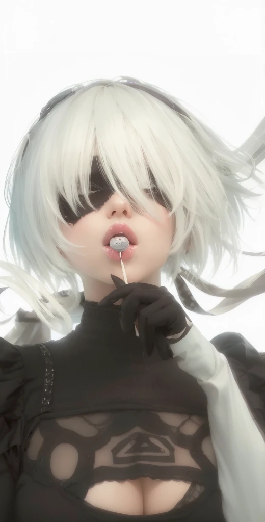 Create a white haired girl, eating a lollipop