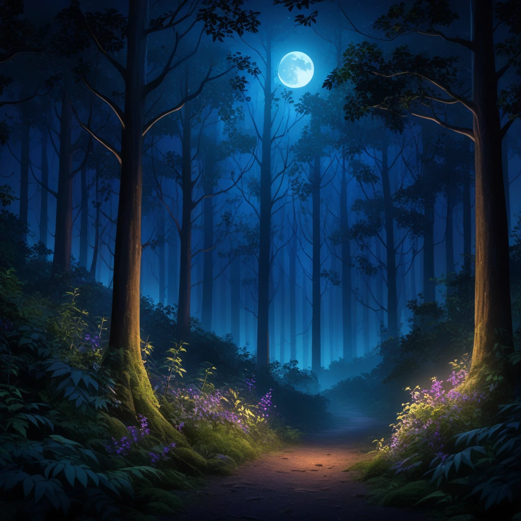 Tall Tree々and a painting of a forest with purple lights., Deep forest at night, mysterious dense forest, Mysterious Forest, foggy Night Forest, Blue Forest, an image of a moonlit forest, Night Forest, Night Forest, dense lush Night Forest, Cinematic forest lighting, Mysterious Forest, Magical forest background, Forest Night