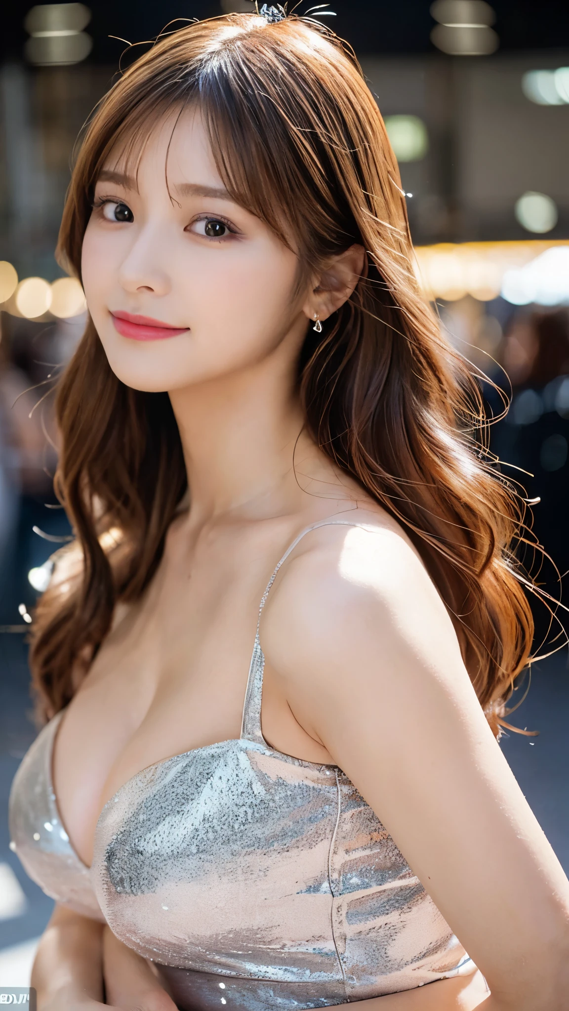 (Detailed skin:1.2),(Shiny skin:1.1),8K,Highest quality, masterpiece, Ultra-high resolution,(Realistic:1.4), RAW Photos,(Soft saturation:1.3),(Fair skin:1.2),Half-Japanese beauty,repair,20 years, Light brown hair, (Long Hair:1.2), Asymmetrical Hair, (Pretty face:1.4), (Large Breasts, Tight waist), Beautiful lighting, (Sexy Grid Girl:1.2,),Highly detailed face, Highly detailed lips, fine grain, double eyelid, (Sharp focus: 1.2), (Perfect Anatomy),(Beautiful woman with perfect figure: 1.2)、Exposing cleavage、Random sexy poses,(Accentuate your leg lines:1.1)、Sharp Eyes,smile,(Motor Show Venues),Full body model pose,Pit Babe,Standing Pose