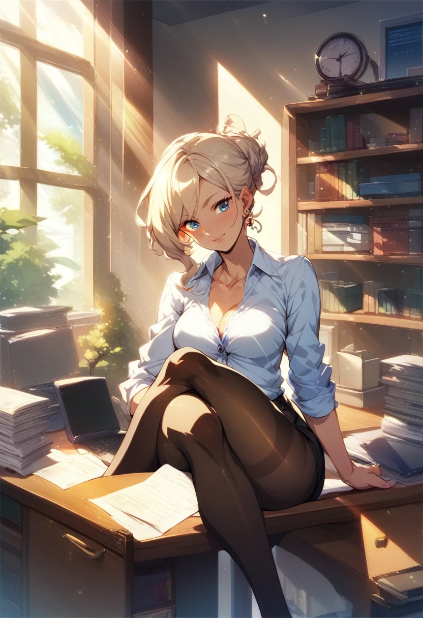 Crossed legs,Office,Pantyhose, rays of light